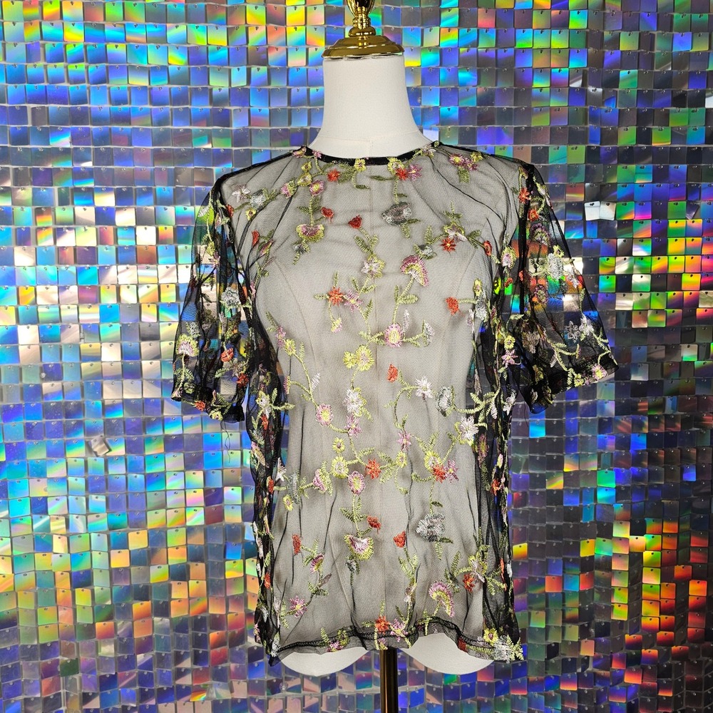 Flores Floral Embroidered Mesh Top Womens XL Black Sheer Short Sleeve Excellent